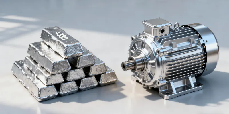 The benefits of aluminum alloy for automotive die casting An ingot of A380 aluminum alloy next to a finished, complex die-cast motor housing, highlighting the material and the product.