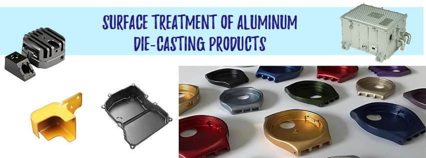 A collage showcasing four different aluminum die-cast parts, each with a distinct and flawless surface finish: anodized, powder coated, electroplated, and chromated.