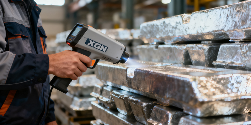 Quality Assurance for Mold and Material Integrity A technician using a handheld XRF spectrometer to verify the alloy composition of an aluminum ingot.