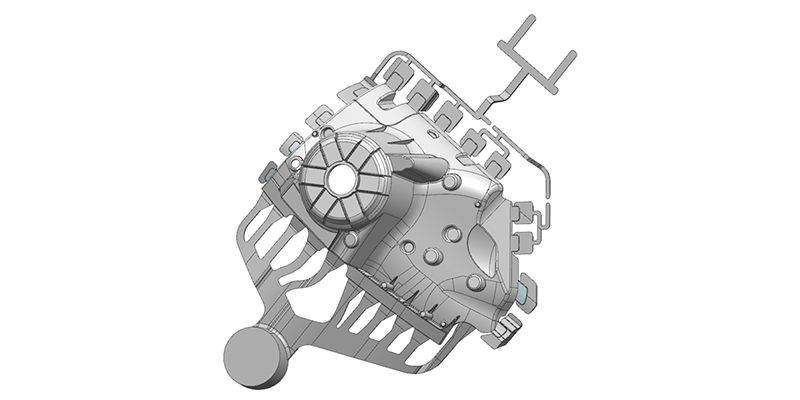 An intricately designed aluminum die-cast shock tower, highlighting its complex geometry and reinforcing ribs.