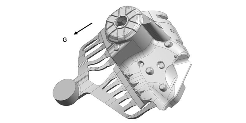 A computer-generated image of a mold cavity for an EV shock tower, highlighting complex cooling lines and gate designs.