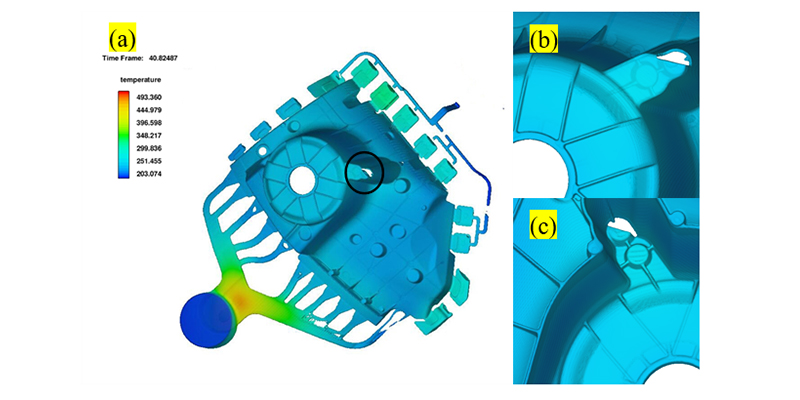 A close-up image of a sectioned die-cast part, magnified to show microscopic analysis for porosity and grain structure.