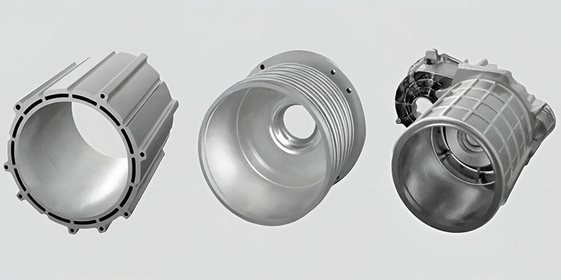 A detailed image of a complex HPDC component for an EV, possibly a motor housing or inverter casing, showcasing intricate internal features.