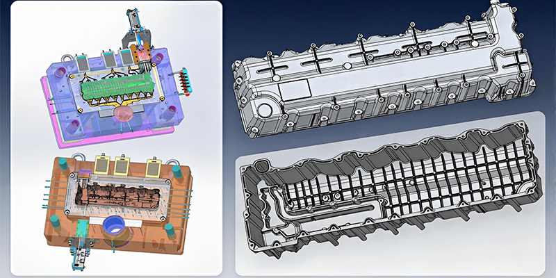 A detailed blueprint of an NEV motor housing die-casting mold, showcasing various engineering annotations, material specifications, and cross-sectional views.
