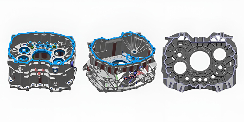 A large, intricate aluminum die-cast component, such as a battery enclosure section or structural node, being easily handled by one person.
