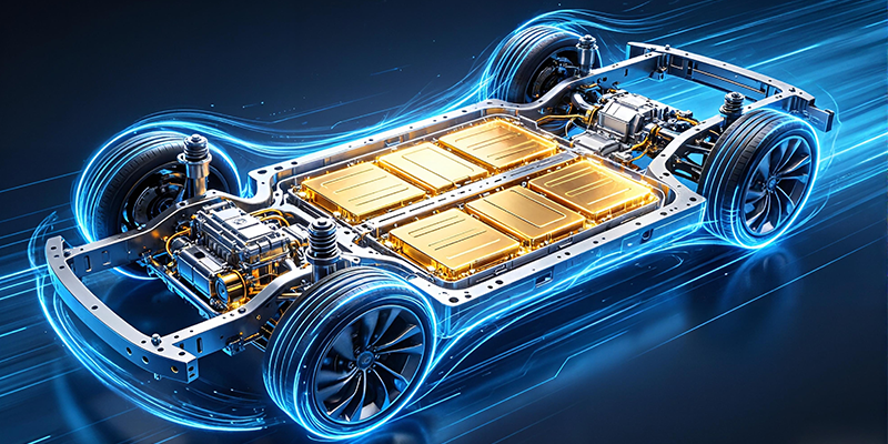 A dynamic image showing an abstract representation of an electric vehicle with highlighted aluminum die-cast components.