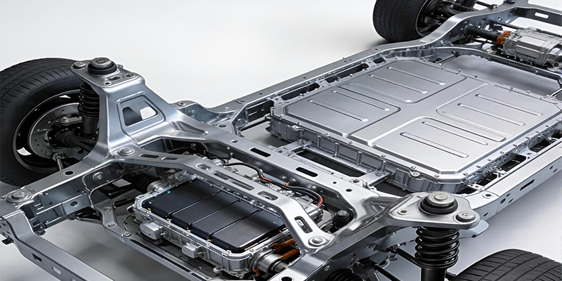 A cutaway view of an electric vehicle chassis, highlighting lightweight aluminum die-cast structural components and battery housing, illustrating how these parts contribute to the vehicle's integrity and efficiency.