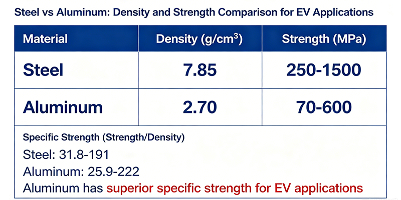 A table comparing the density and strength of steel versus aluminum alloys, highlighting aluminum's superior strength-to-weight ratio for EV applications.