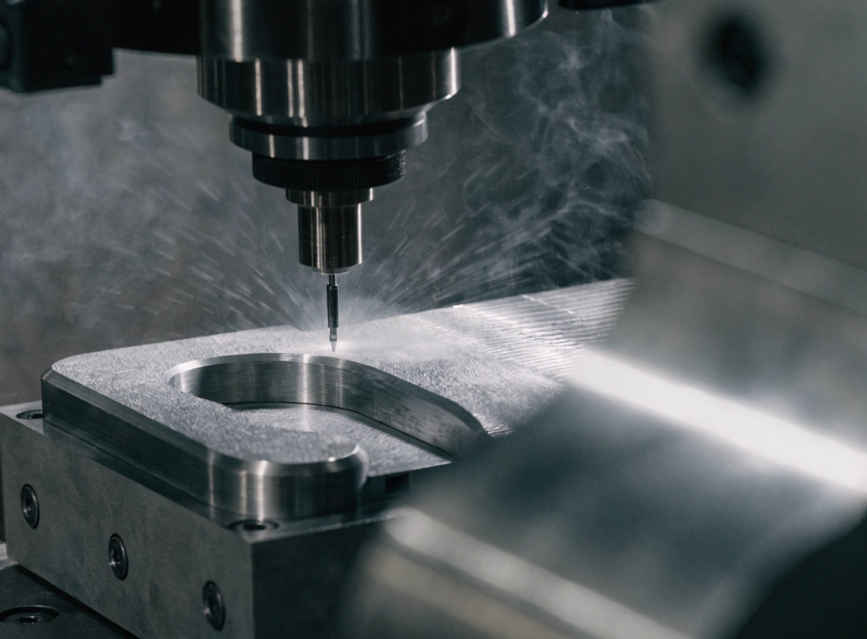 Nahaufnahme einer 5-Achs-CNC-Maschine, die eine hochpräzise Dichtfläche fräst