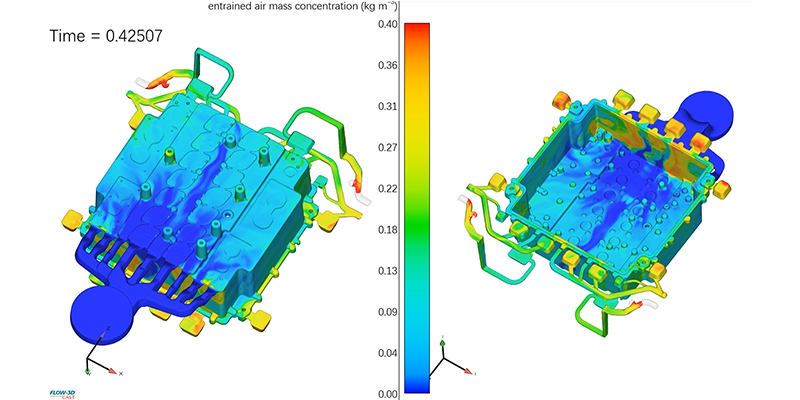 Mold flow simulation results showing fill pattern and air entrapment